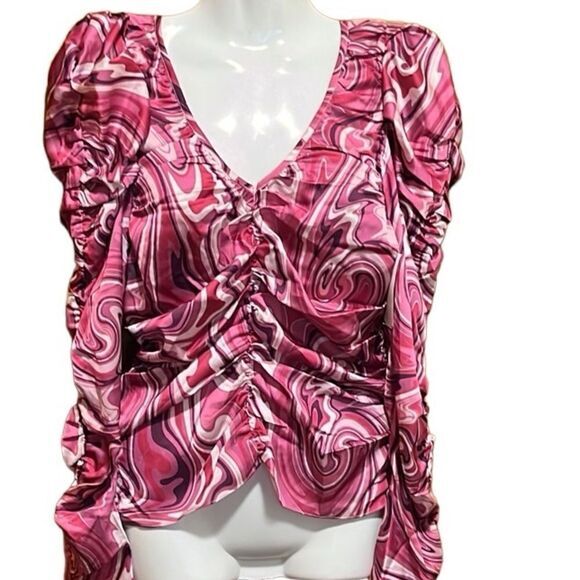 Wayf Topanga Top‎ Size 8 Terracotta Swirls Silky Ruched Sleeve Front Back New - Picture 1 of 14